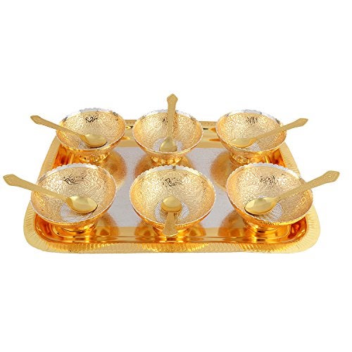 Piepot Silver Gold Plated Brass Bowl with Spoon | Soup Bowl with Spoon | Bowl Spoon with Tray | Return Gifts Marriage Gifts for Couple - Image 3