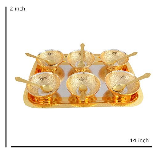 Piepot Silver Gold Plated Brass Bowl with Spoon | Soup Bowl with Spoon | Bowl Spoon with Tray | Return Gifts Marriage Gifts for Couple - Image 2