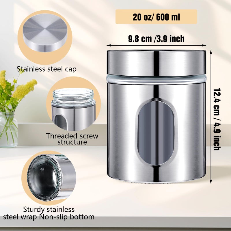 Lemecima 4 Pieces Kitchen Canisters Set 20 oz Stainless Steel Glass Canisters Airtight Coffee Sugar Tea Candy Jars Food Storage Container with Lid for Flour Cookies Spices Grains Kitchen Baking Home Decoration - Image 2