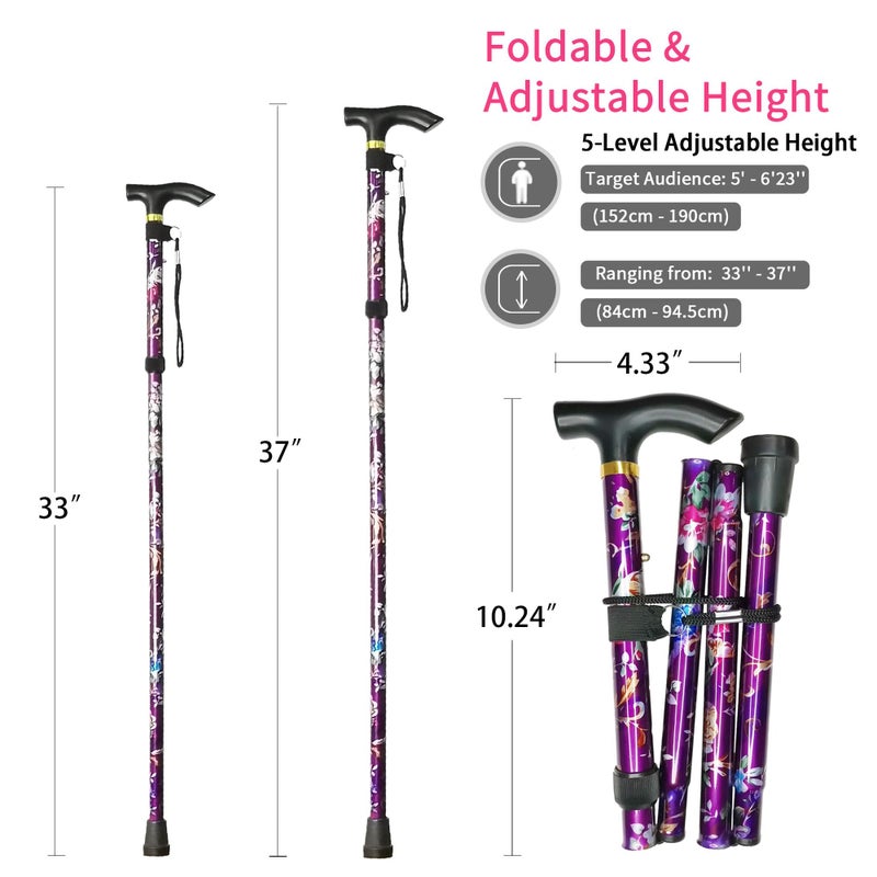 CLOKTA Folding Cane, 5-Level Adjustable Height Lightweight Portable Foldable Walking Canes with Wrist Strap and T Handle for Men Women Seniors - Image 2