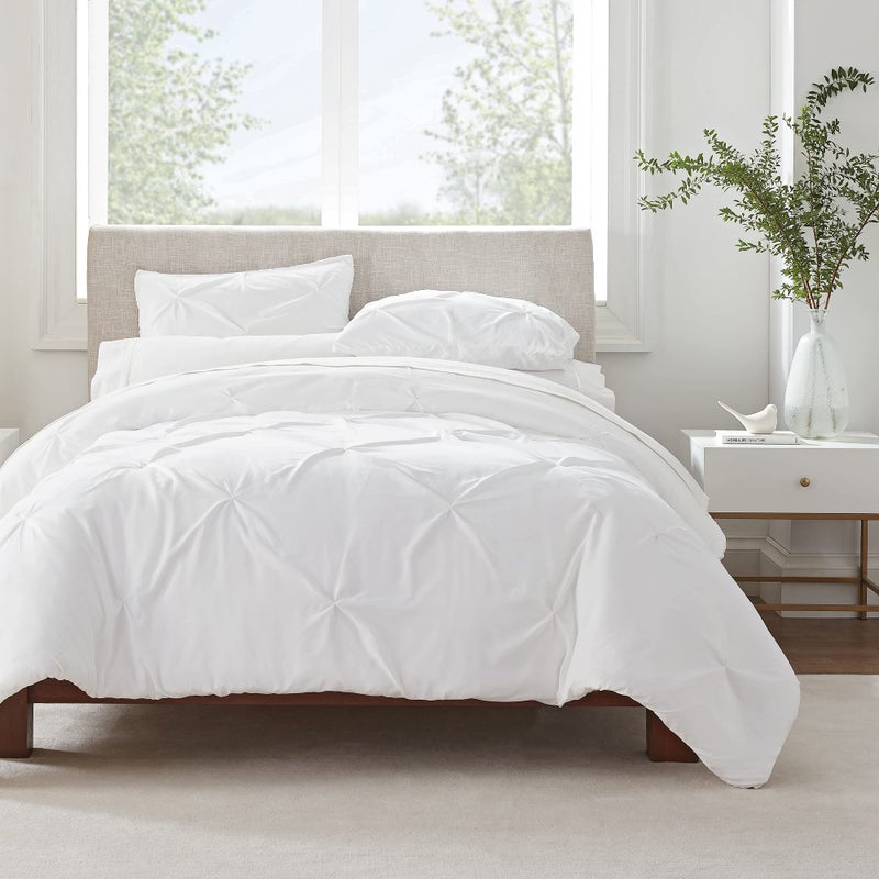 SERTA Simply Clean Ultra Soft 3 Piece Hypoallergenic Stain Resistant Pleated Duvet Cover Set King White