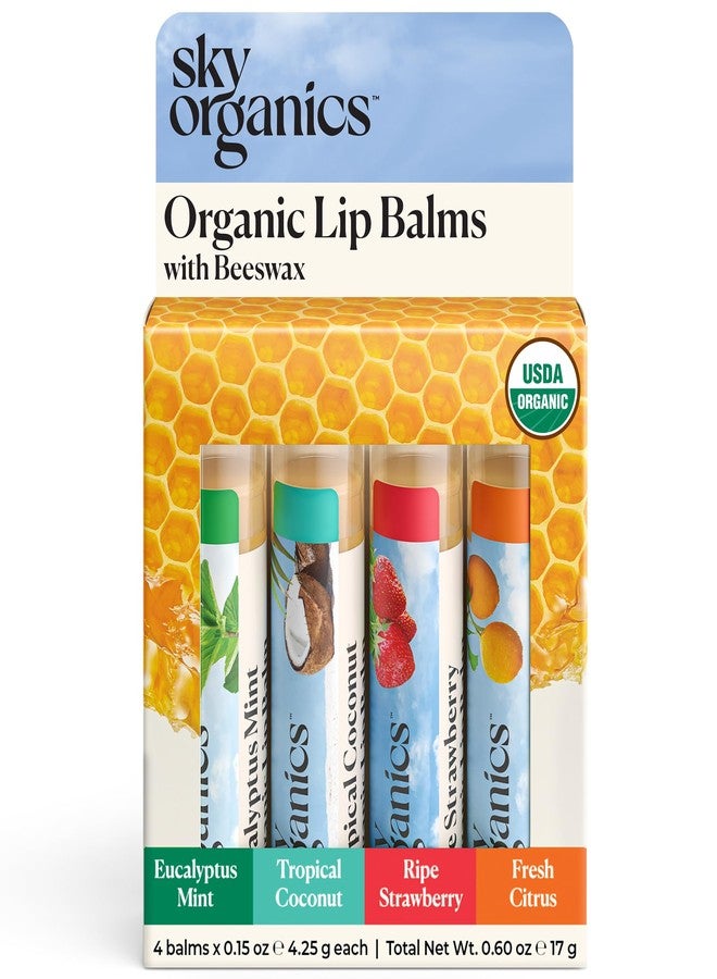 Sky Organics Organic Lip Balms With Beeswax for Lips, USDA Certified Organic, Four Assorted Flavors to Moisturize, Soothe & Soften, 4pk. - Image 1