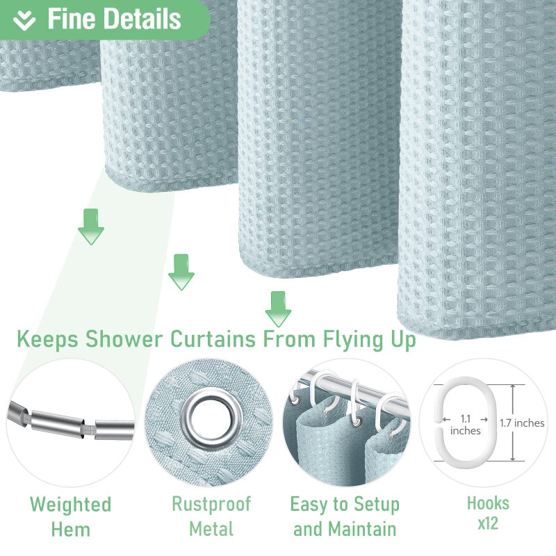 Dynamene Fog Blue Fabric Shower Curtain for Bathroom- Waffle Weave Textured Heavy Duty Cloth , 256GSM Hotel Luxury Weighted Bath Curtain Set with 12 Plastic Hooks,72x72, Fog Blue - Image 5