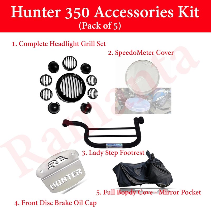 Ramanta Hunter 350 Accessories Combo of Hunter 350 Motorcycle Accessories Kit, Headlight Grill Set, Front Disc Brake Master Cylinder Oil Cap - CP, Meter Cover, Lady Footrest & Body Cover, (Pack of 5) - Image 2