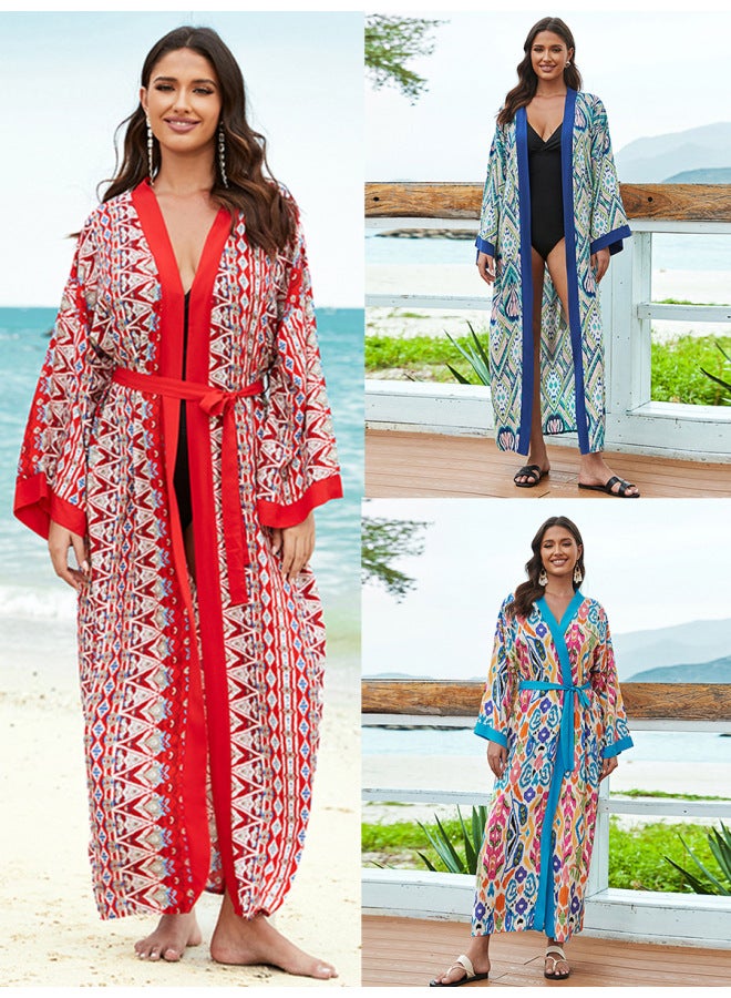 European And American Style Rayon Tie-dyed Beach Blouse Mid-length Sun Protection Shirt Cardigan Women's Vacation Bikini Outerwear-Color:ZS2266-6 Sapphire Blue Edge-  - Image 3