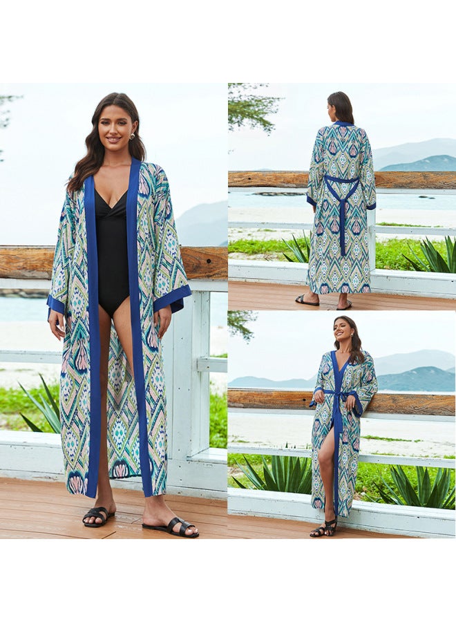 European And American Style Rayon Tie-dyed Beach Blouse Mid-length Sun Protection Shirt Cardigan Women's Vacation Bikini Outerwear-Color:ZS2266-6 Sapphire Blue Edge-  - Image 1