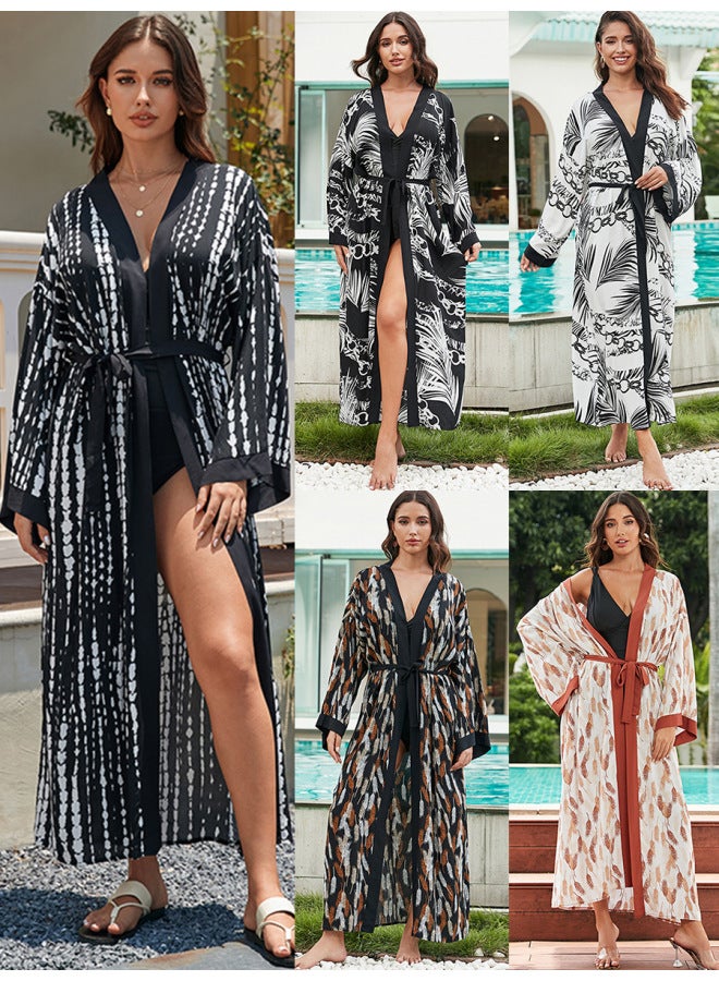 European And American Style Rayon Tie-dyed Beach Blouse Mid-length Sun Protection Shirt Cardigan Women's Vacation Bikini Outerwear-Color:ZS2266-6 Sapphire Blue Edge-  - Image 2