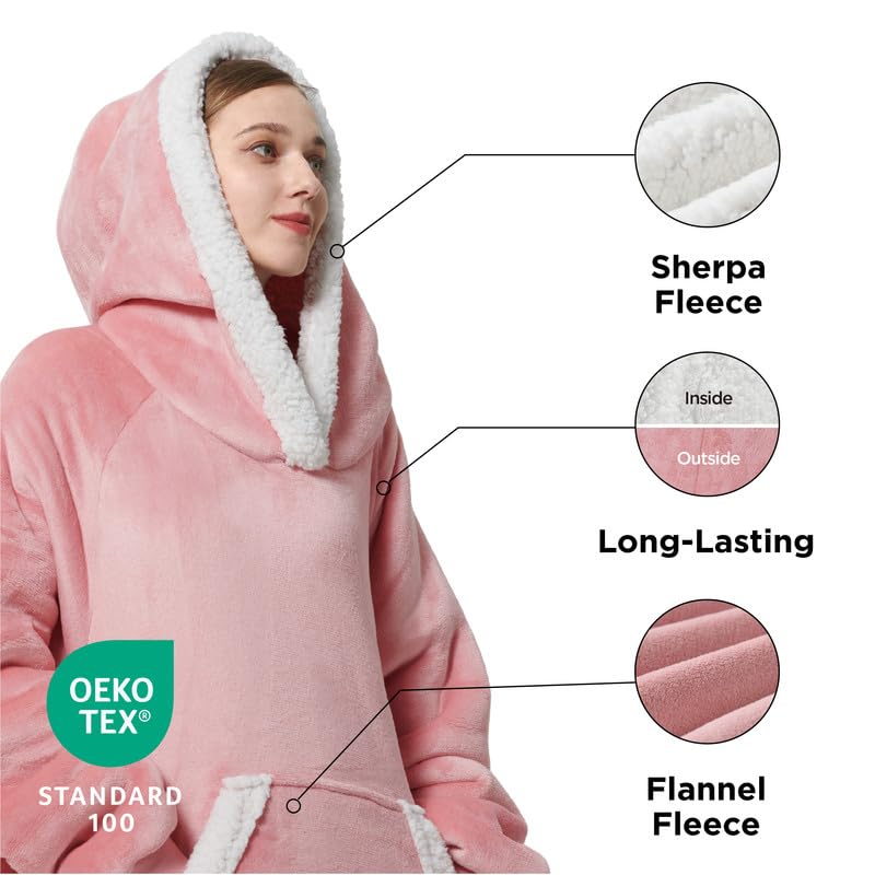 Bedsure Bedsure Oversized Wearable Blanket Hoodie - Long Sherpa Fleece Hooded Blanket for Adult Women Men  Warm Cozy Big Blanket Sweatshirt with Giant Pocket and Belt  Winter Gifts for Men  Oversize  Pink  - Image 2