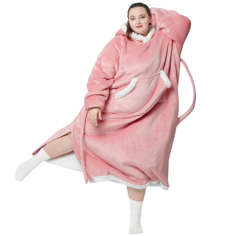 Bedsure Bedsure Oversized Wearable Blanket Hoodie - Long Sherpa Fleece Hooded Blanket for Adult Women Men  Warm Cozy Big Blanket Sweatshirt with Giant Pocket and Belt  Winter Gifts for Men  Oversize  Pink  - Image 1