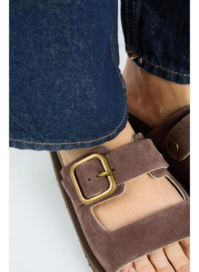Manijero  Regina Women's Genuine Leather Double Strap Single Buckle Brown Slippers. for Women | Best Price UAE