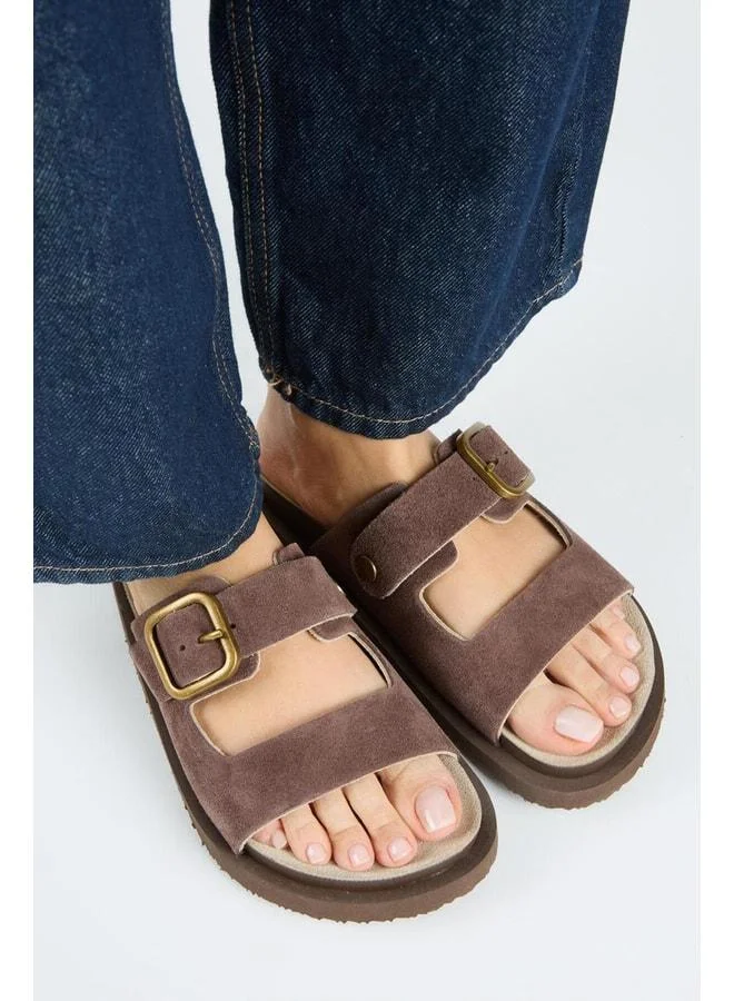 Regina Women's Genuine Leather Double Strap Single Buckle Brown Slippers.