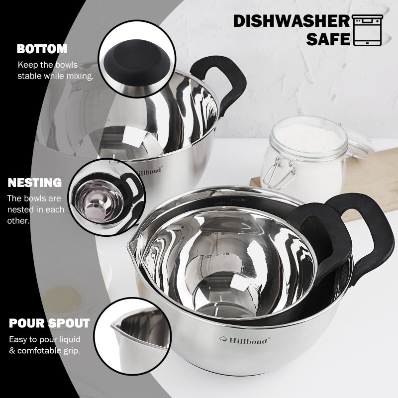 Hillbond Stainless Steel Bowls with Lids Set Mixing Bowls with Pour Spout, Silicone Handle and Non-Slip Bottoms for Baking, Metal Bowls Mixing Dishwasher Safe, Set of 3 (Black) - Image 3
