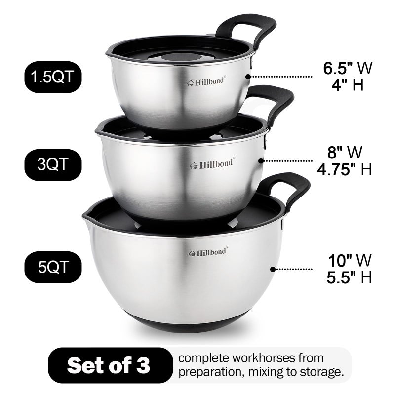 Hillbond Stainless Steel Bowls with Lids Set Mixing Bowls with Pour Spout, Silicone Handle and Non-Slip Bottoms for Baking, Metal Bowls Mixing Dishwasher Safe, Set of 3 (Black) - Image 4
