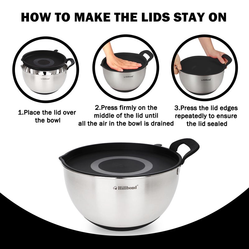 Hillbond Stainless Steel Bowls with Lids Set Mixing Bowls with Pour Spout, Silicone Handle and Non-Slip Bottoms for Baking, Metal Bowls Mixing Dishwasher Safe, Set of 3 (Black) - Image 5