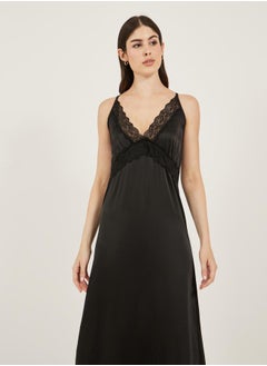 Styli Black Lace Trim Satin Slip Dress  - Image 2
