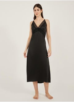 Styli Black Lace Trim Satin Slip Dress  - Image 1