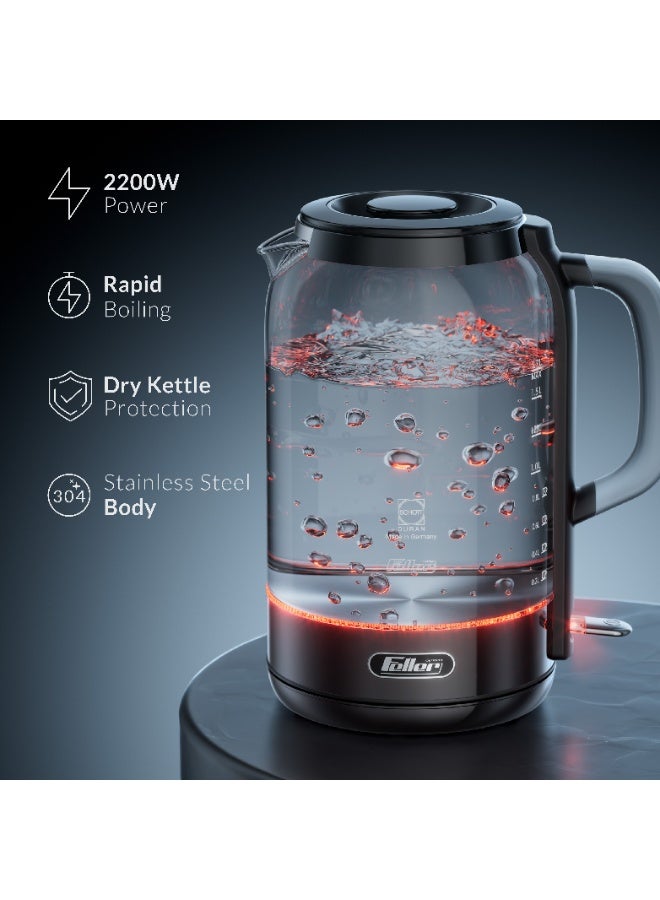 Feller Germany EK730 Electric Kettle, 1.7L German Schott Glass, 2200W Fast Boil, Strix Control, BPA Free (Black) - Image 2