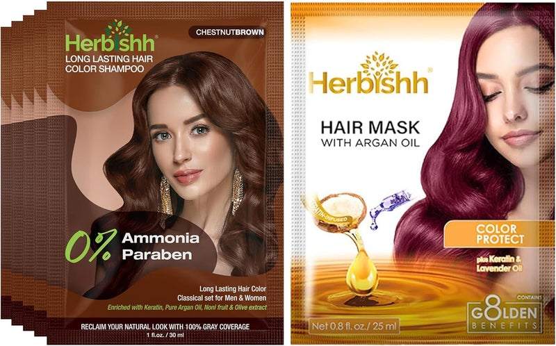 Herbishh Chestnut Brown Hair Dye Shampoo - 3 in 1, 100% Grey Coverage, Ammonia-Free, 30 ml (Pack of 5) - Image 1