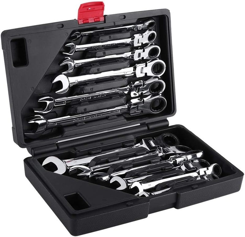 klarako Flexible Head Wrench Set, 12Pcs Combination Ratcheting Wrench Commercial Grade Chrome Vanadium Metric Ratchet Spanner Tool Kit with Storage Case for Home and Auto Repair (8-19mm) - Image 1