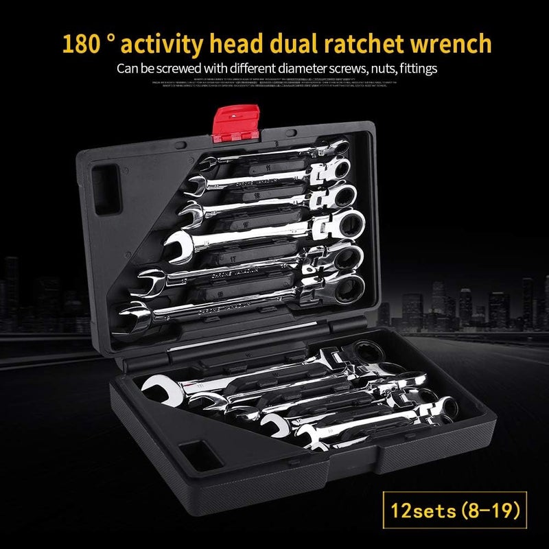 klarako Flexible Head Wrench Set, 12Pcs Combination Ratcheting Wrench Commercial Grade Chrome Vanadium Metric Ratchet Spanner Tool Kit with Storage Case for Home and Auto Repair (8-19mm) - Image 4