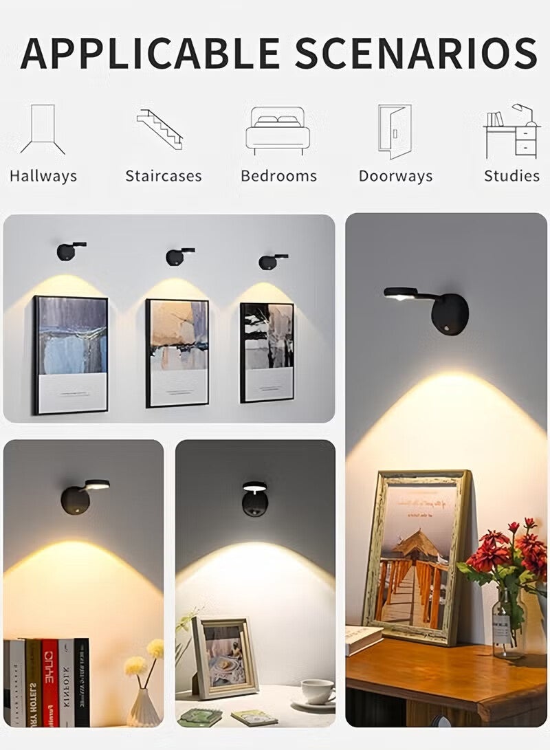 أجريون إضاءة صور بمستشعر حركة – كشاف LED يعمل بالبطارية مع رأس دوار 360°، مصباح جداري بتصميم عين القطة قابل لإعادة الشحن، تثبيت لاصق أو براغي لإضاءة اللوحات والعرض - Image 2