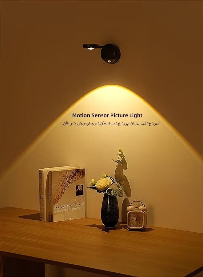 أجريون إضاءة صور بمستشعر حركة – كشاف LED يعمل بالبطارية مع رأس دوار 360°، مصباح جداري بتصميم عين القطة قابل لإعادة الشحن، تثبيت لاصق أو براغي لإضاءة اللوحات والعرض - Image 1