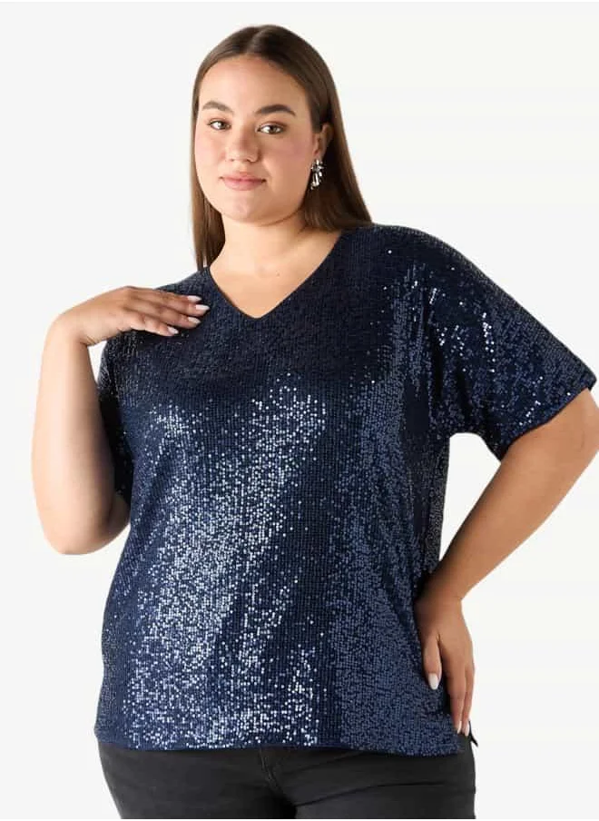 Ulla Popken Plus Size Ulla Popken Embellished Top with V-neck