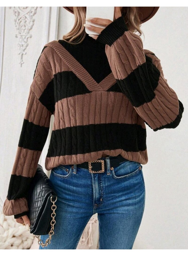 SHEIN Women's Autumn Winter Color Blocking Dropped Shoulder Long Sleeve Loose Casual Pullover Fall Outfit - Image 3