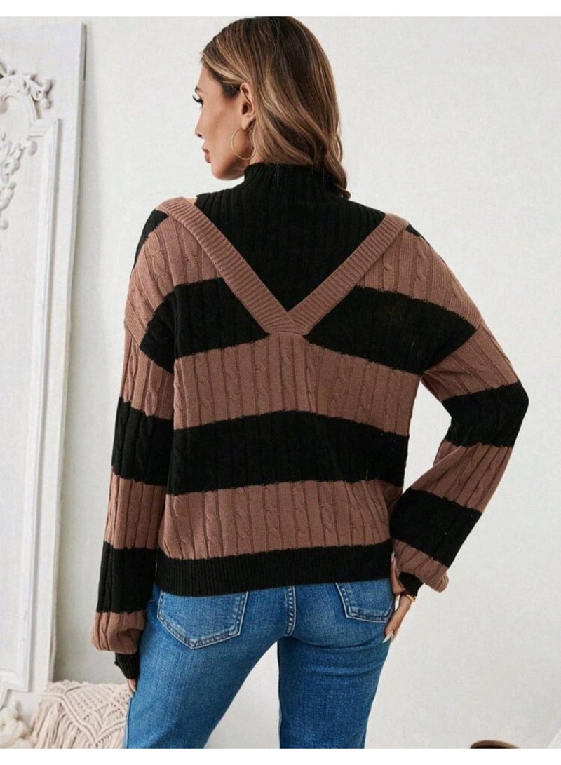 SHEIN Women's Autumn Winter Color Blocking Dropped Shoulder Long Sleeve Loose Casual Pullover Fall Outfit - Image 4