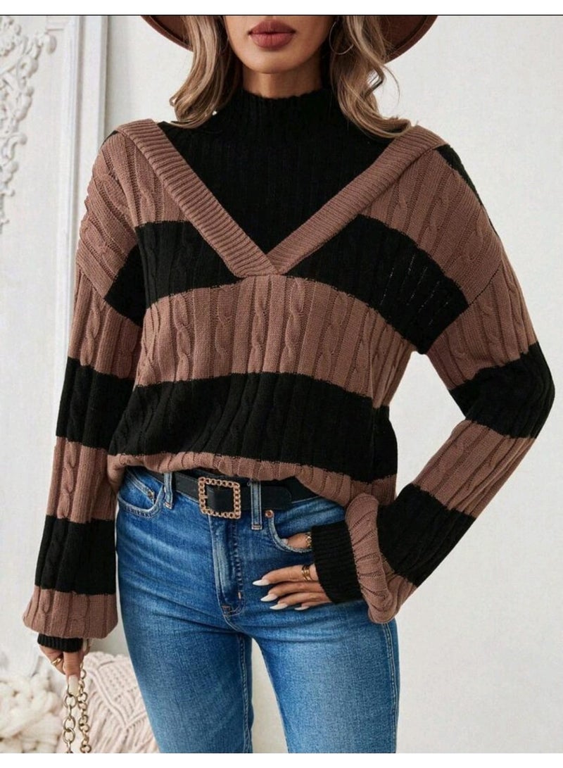 SHEIN Women's Autumn Winter Color Blocking Dropped Shoulder Long Sleeve Loose Casual Pullover Fall Outfit - Image 5