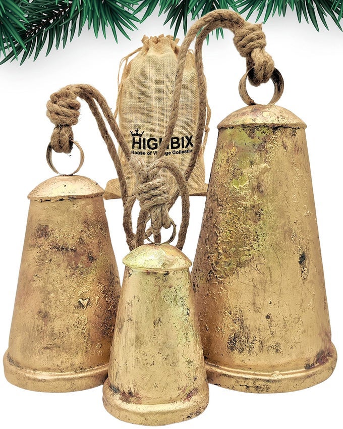 Set of 3 Giant Harmony Cow Bells Huge Vintage Handmade Rustic Lucky Christmas Hanging Cone Bells XLarge