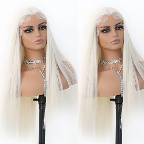 ANDRIA Lace Front Wigs Straight Hair Glueless Lace Wigs Synthetic Long Silk Straight Natural Wig Heat Resistant Fiber Platinum Blonde Colorful Wig With Baby Hair For Black Women 24 Inches - Image 5
