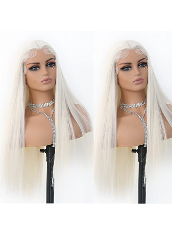 ANDRIA Lace Front Wigs Straight Hair Glueless Lace Wigs Synthetic Long Silk Straight Natural Wig Heat Resistant Fiber Platinum Blonde Colorful Wig With Baby Hair For Black Women 24 Inches - Image 4