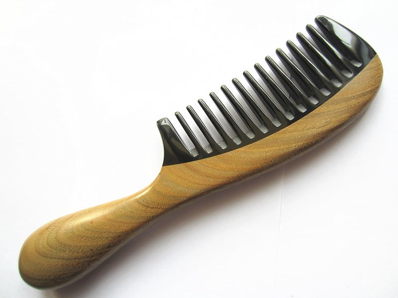 Gbybmt Wide Tooth Handmade No Static Black Buffalo Horn Comb with Green Sandalwood Handle Rounded