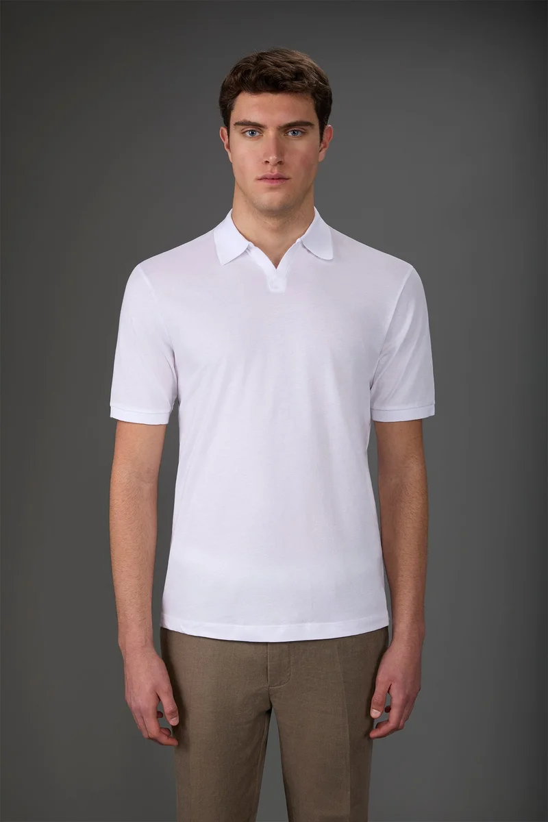 Men's short-sleeved organic cotton polo shirt with derby collar - White