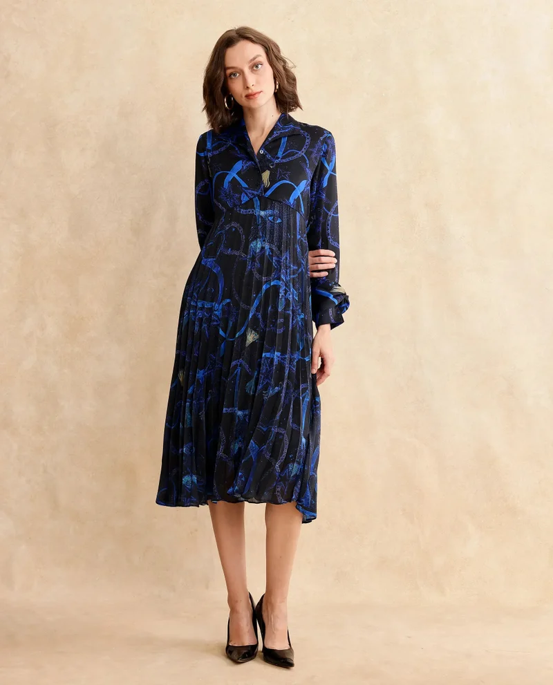 Rareism Rareism Women's Romros Dark Multi Satin Fabric Drop Collar Button Closure Cuffed Sleeve Abstract Flared Midi Dress