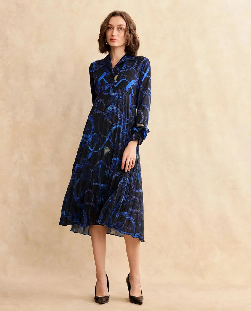 Rareism Rareism Women's Romros Dark Multi Satin Fabric Drop Collar Button Closure Cuffed Sleeve Abstract Flared Midi Dress