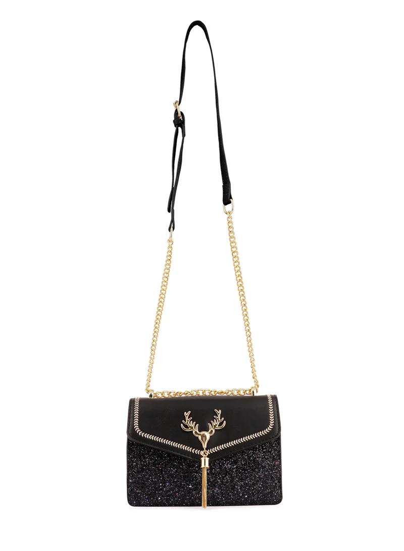 London Rag Black Glitter Envelope Sling Bag