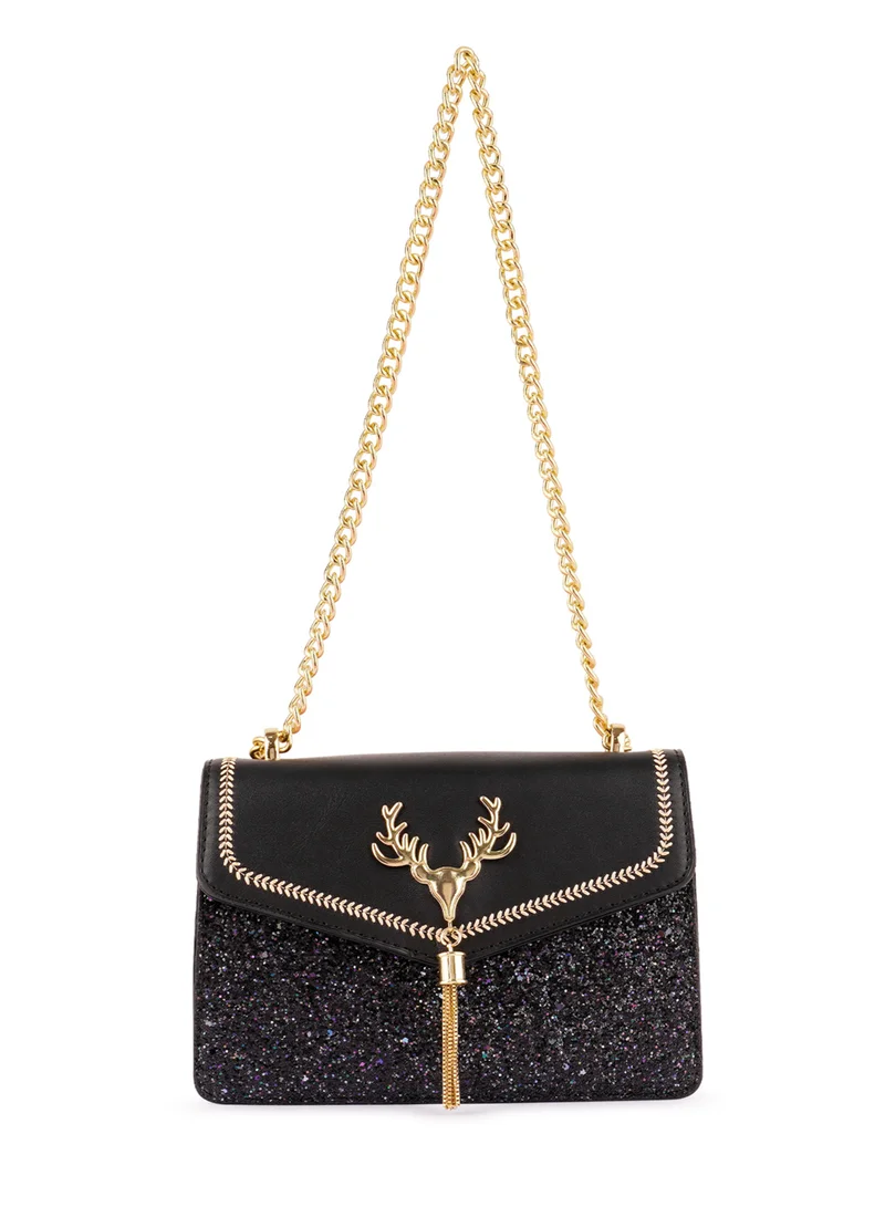 London Rag Black Glitter Envelope Sling Bag