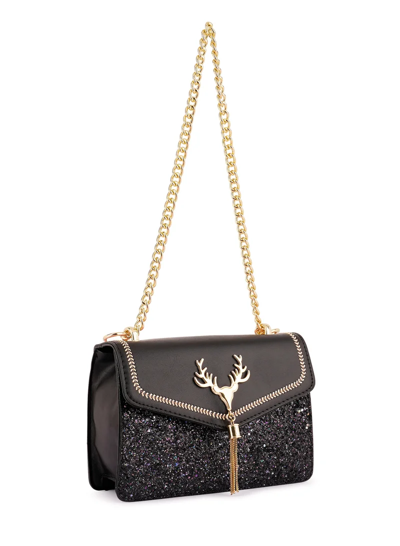 London Rag Black Glitter Envelope Sling Bag