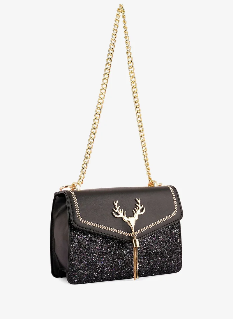 London Rag Black Glitter Envelope Sling Bag