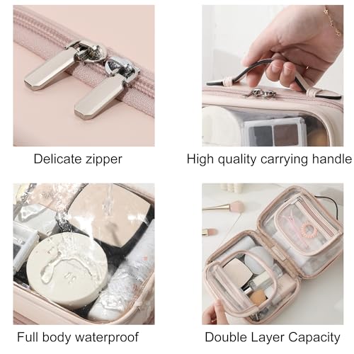 Veki TSA Approved Toiletry Bag Transparent Makeup Bag Double Travel Cosmetic bags Case Waterproof Toiletries Bag Medium Capacity Open Storage bag Organizer for Women and Girls (Medium Pink) - Image 5