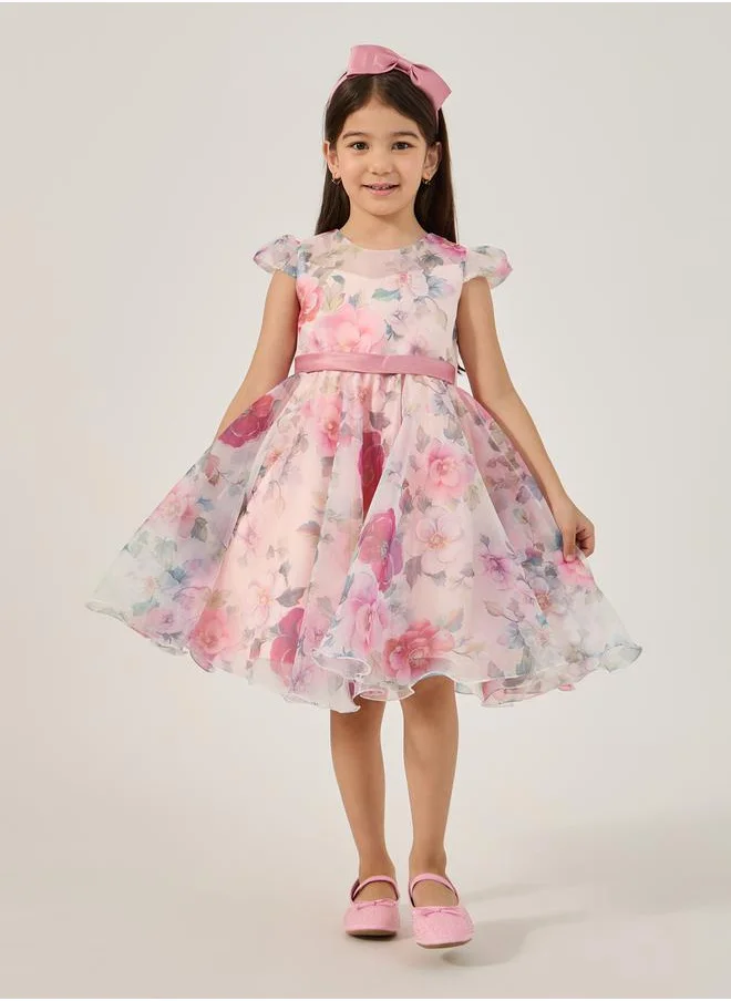 Styli All-Over Print Organza Round Neck Dress with Headband