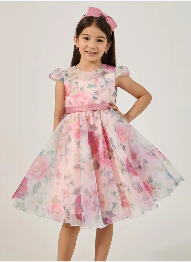 Styli All-Over Print Organza Round Neck Dress with Headband