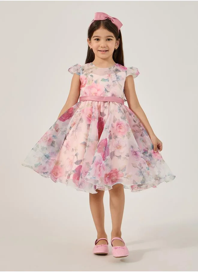 Styli Styli All-Over Print Organza Round Neck Dress with Headband