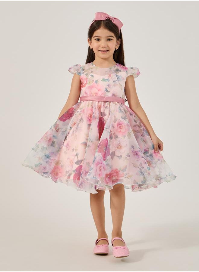 Styli Styli All-Over Print Organza Round Neck Dress with Headband  - Image 1