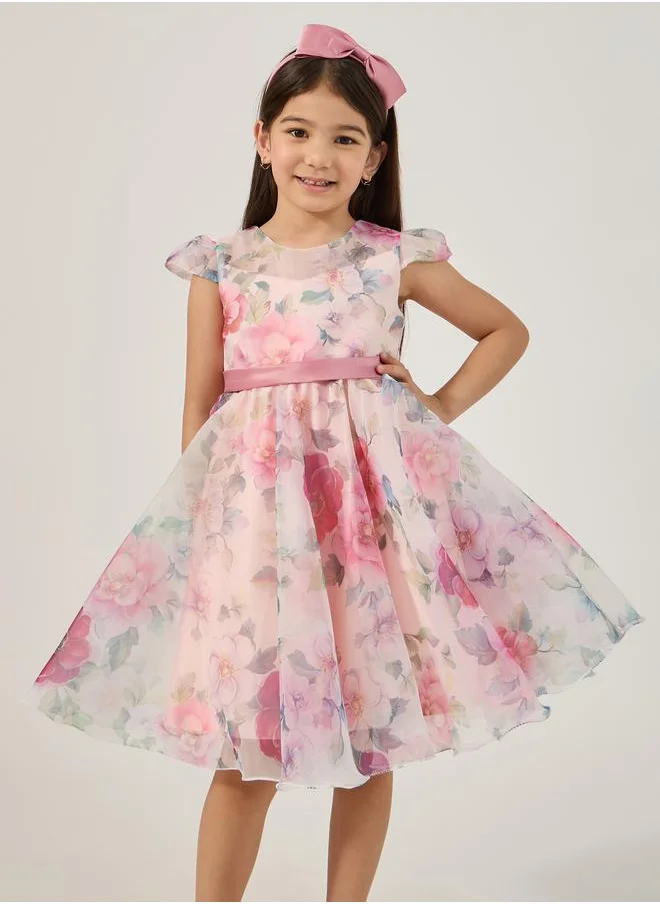 Styli Styli All-Over Print Organza Round Neck Dress with Headband