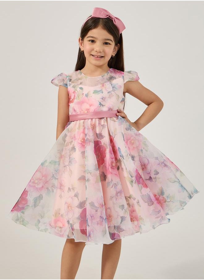 Styli Styli All-Over Print Organza Round Neck Dress with Headband  - Image 2
