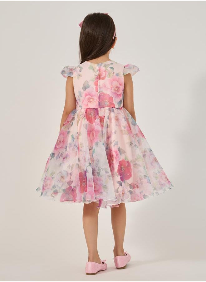 Styli Styli All-Over Print Organza Round Neck Dress with Headband  - Image 5