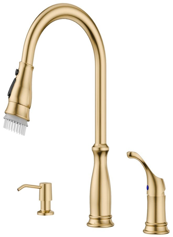APPASO Gold Kitchen Faucet 3 Hole, Brushed Gold Kitchen Faucet with Soap Dispenser and Pull Down Sprayer, Solid Steel High Arc Kitchen Sink Faucets with Separate Handle Stainless for 2 or 3 Hole Sink - Image 1